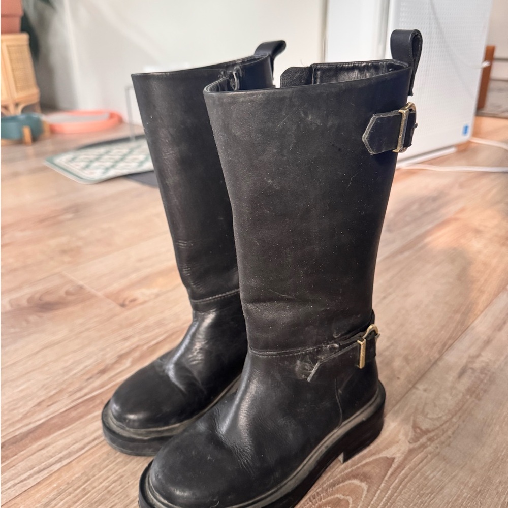 Kids Black Leather Knee-High Boots with Buckles